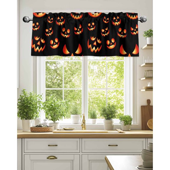 Curtain Valance for Windows,Halloween Pumpkin Ghost Face Kitchen Valances Rod Pocket Short Curtains,Scary Smile Seamless on Black Window Treatment Panel for Bedroom Bathroom 42"x18"