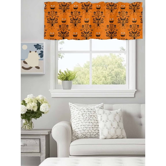 Curtain Valance for Windows,Halloween Pumpkin Spiders- Web on Orange Kitchen Valances Rod Pocket Short Curtains,Damask Flower Black Shadow Window Treatment Panel for Bedroom Bathroom 60"x18"