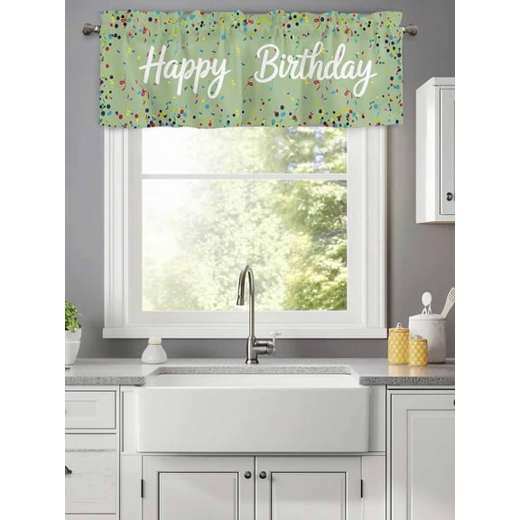 Curtain Valance for Windows,Happy Birthday Words on Green Kitchen Valances Rod Pocket Short Curtains,Ribbons Colorful Points Window Treatment Panel for Bedroom Bathroom 42x12in
