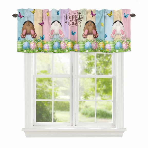 Curtain Valance for Windows, Happy Easter Rabbit Butt Egg on Daisy Leaf Kitchen Valances Rod Pocket Short Curtains, Bufferfly on Wood Barn Window Valance for Bedroom Bathroom Living room 42x12in