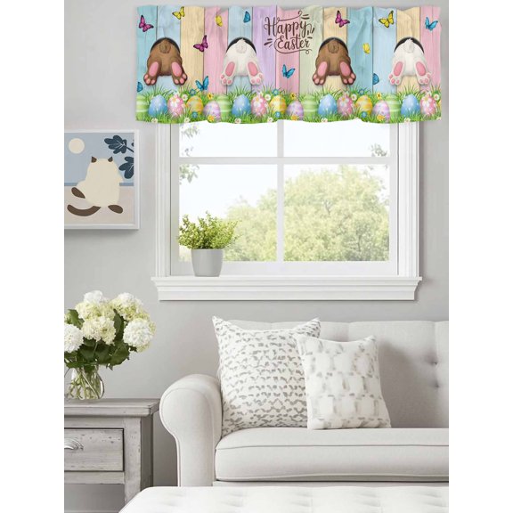 Curtain Valance for Windows, Happy Easter Rabbit Butt Egg on Daisy Leaf Kitchen Valances Rod Pocket Short Curtains, Bufferfly on Wood Barn Window Valance for Bedroom Bathroom Living room 60x14in
