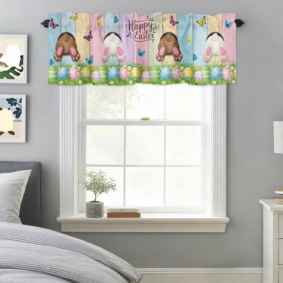 Curtain Valance for Windows, Happy Easter Rabbit Butt Egg on Daisy Leaf Kitchen Valances Rod Pocket Short Curtains, Bufferfly on Wood Barn Window Valance for Bedroom Bathroom Living room 42x18in