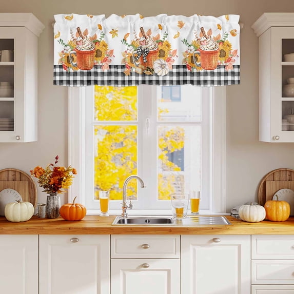 Curtain Valance for Windows,Harvest Orange Cup Pumpkin Sunflower Kitchen Valances Rod Pocket Short Curtains,Black White Buffalo Plaid Window Treatment Panel for Bedroom Living Room Bathroom 54"x18"