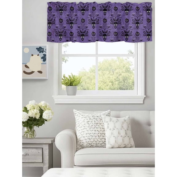 Curtain Valance for Windows,Haunted Halloween Scary Pumpkin Skeleton Kitchen Valances Rod Pocket Short Curtains,Damask Flower Purple Black Window Treatment Panel for Bedroom Bathroom 60"x18"