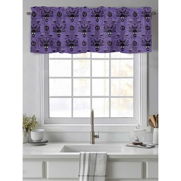 Curtain Valance for Windows,Haunted Halloween Scary Pumpkin Skeleton Kitchen Valances Rod Pocket Short Curtains,Damask Flower Purple Black Window Treatment Panel for Bedroom Bathroom 42"x12"