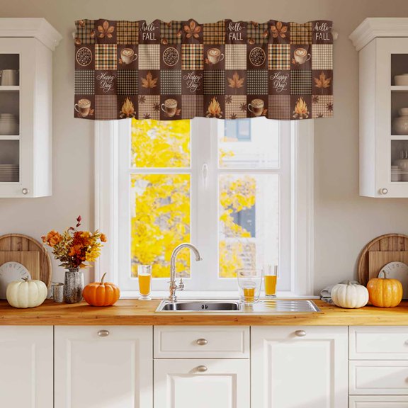 Curtain Valance for Windows, Hello Fall Happy Day Words Kitchen Valances Rod Pocket Short Curtains, Maple Leaves Coffee Window Valance for Bedroom Bathroom Living room 42x12in
