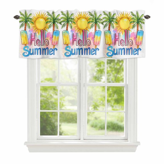 Curtain Valance for Windows, Hello Summer Text Sun Palm Tree Kitchen Valances Rod Pocket Short Curtains, Colorful Ocean Seaside Theme Window Valance for Bedroom Bathroom Living room 42x12in