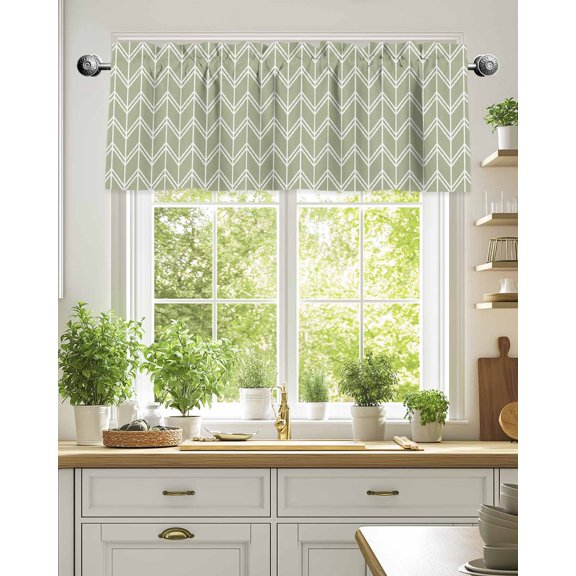 Curtain Valance for Windows,Herringbone Texture on Sage Green Kitchen Valances Rod Pocket Short Curtains,Minimalist Geometric Art Window Treatment Panel for Bedroom Bathroom 54x18in