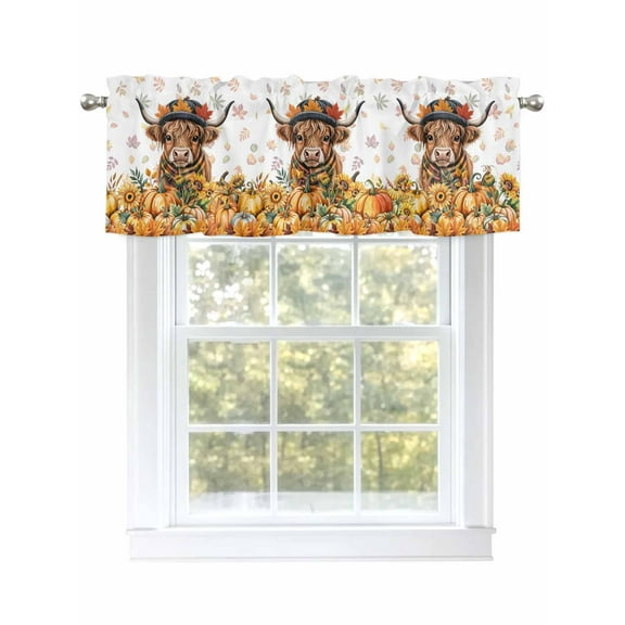 Curtain Valance for Windows,Highland Cattle Orange Thanksgiving Pumpkin Kitchen Valances Rod Pocket Short Curtains,Autumn Maple Leaves Window Treatment Panel for Bedroom Living Room Bathroom 54"x18"