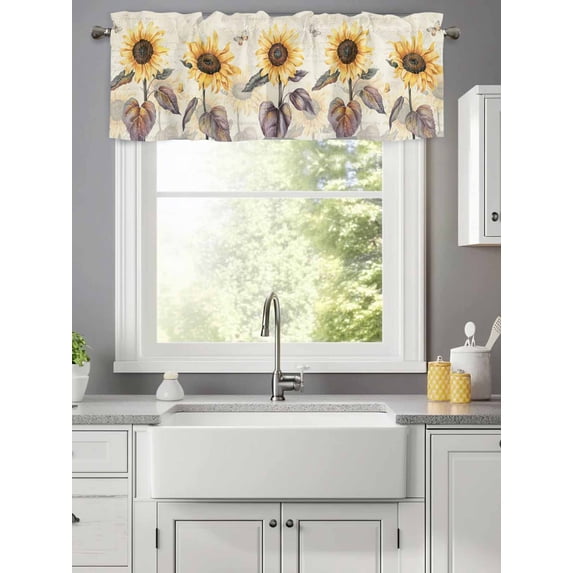 Curtain Valance for Windows,Idyllic Sunflower on Vintage Letter Kitchen Valances Rod Pocket Short Curtains,Farmhouse Plant Window Treatment Panel for Bedroom Bathroom 42x12in