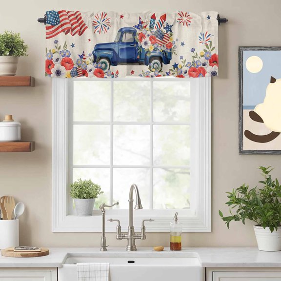 Curtain Valance for Windows, Independence Day Blue Truck U.S. Flag Kitchen Valances Rod Pocket Short Curtains, Poppy on Linen Window Valance for Bedroom Bathroom Living room 54x18in