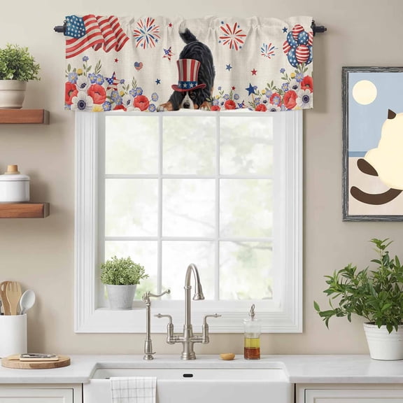 Curtain Valance for Windows, Independence Day Dog Poppy on Linen Kitchen Valances Rod Pocket Short Curtains, Flower U.S. Flag Window Valance for Bedroom Bathroom Living room 54x18in