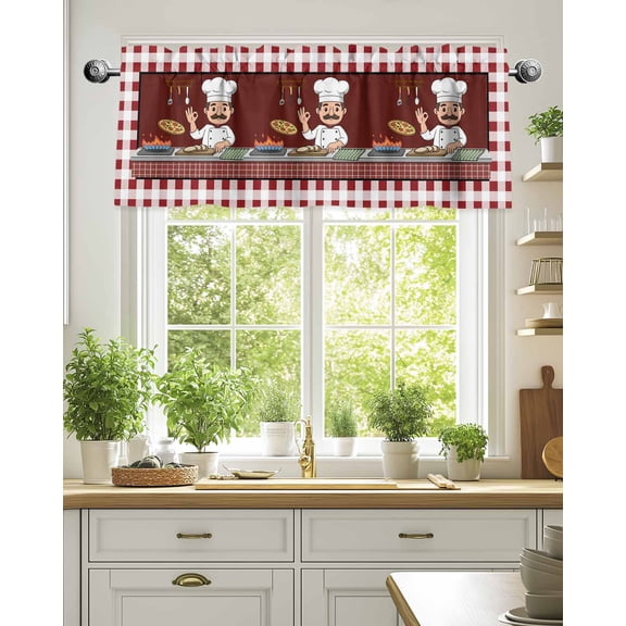 Curtain Valance for Windows,Kitchen Cute Chef Cook Burgundy Red Plaid Kitchen Valances Rod Pocket Short Curtains,Pizza Gourmet Window Treatment Panel for Bedroom Bathroom 54x18in