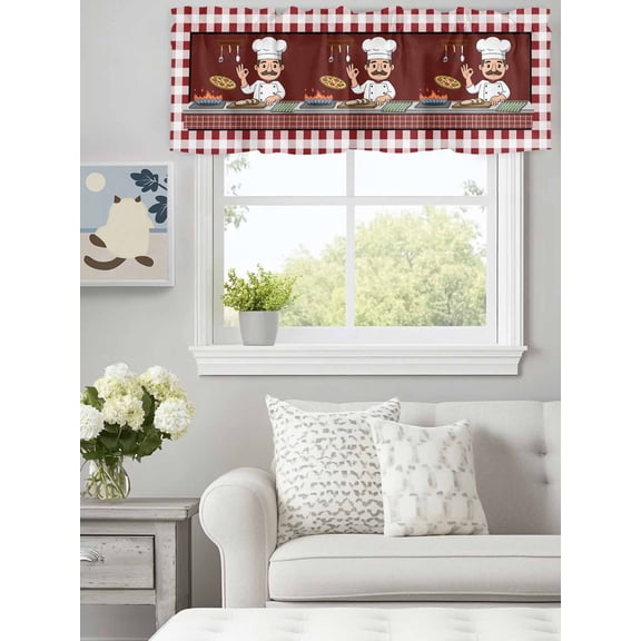 Curtain Valance for Windows,Kitchen Cute Chef Cook Burgundy Red Plaid Kitchen Valances Rod Pocket Short Curtains,Pizza Gourmet Window Treatment Panel for Bedroom Bathroom 60x18in