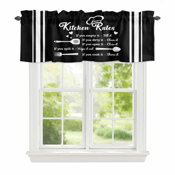 Curtain Valance for Windows, Kitchen Rules Black and White Kitchen Valances Rod Pocket Short Curtains, Kitchens Utensils Appliances Window Valance for Bedroom Bathroom Living room 42x12in