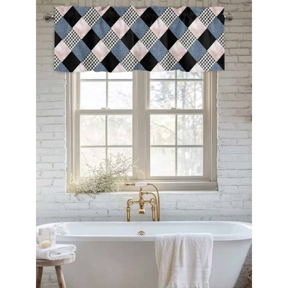Curtain Valance for Windows, Leopard Patchwork Quilt Buffalo Plaid Kitchen Valances Rod Pocket Short Curtains, Geometric Squares Window Valance for Bedroom Bathroom Living room 56x16in