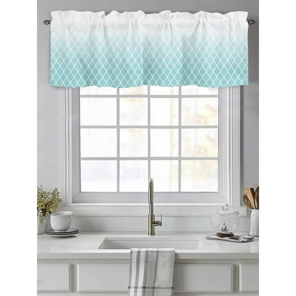 Curtain Valance for Windows,Light Blue Gradient Buffalo Lattice Kitchen Valances Rod Pocket Short Curtains,White Lines Geometric Window Treatment Panel for Bedroom Bathroom 42"x12"