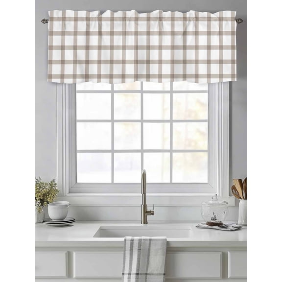 Curtain Valance for Windows,Light Brown Plaid Kitchen Valances Rod Pocket Short Curtains,Farm Country Theme Window Treatment Panel for Bedroom Bathroom 42"x12"