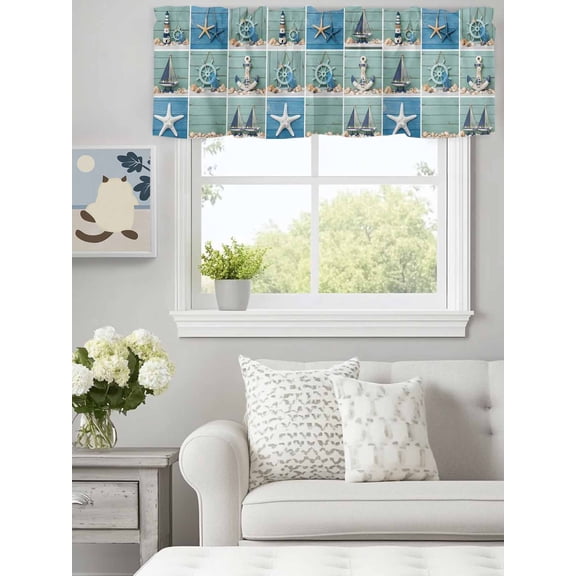 Curtain Valance for Windows, Lighthouse Compass Shell Starfish Sailboat Kitchen Valances Rod Pocket Short Curtains, Summer Nautical Theme Window Valance for Bedroom Bathroom Living room 60x14in