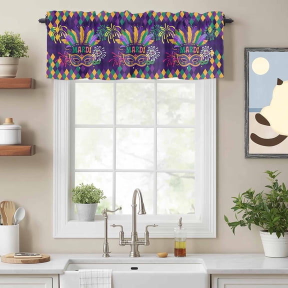 Curtain Valance for Windows, Mardi Gras Ethnic Tribal Feather Kitchen Valances Rod Pocket Short Curtains, Mask on Purple Diamond Grid Window Valance for Bedroom Bathroom Living room 54x18in
