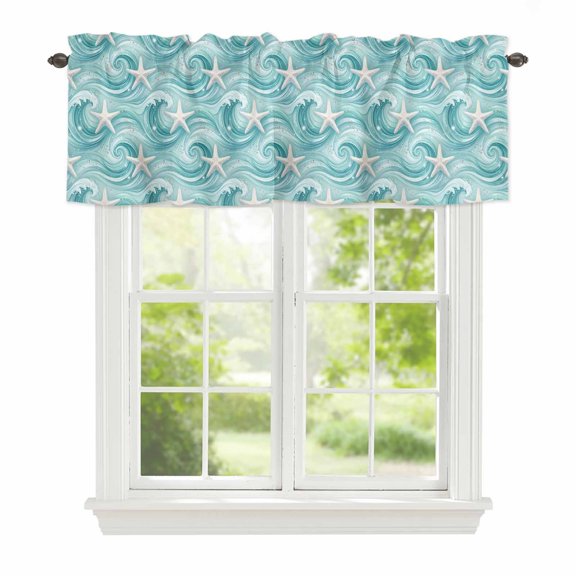 Curtain Valance for Windows, Marine Starfish Water Ripple Kitchen Valances Rod Pocket Short Curtains, Teal Ocean Seamless Stars Window Valance for Bedroom Bathroom Living room 42x12in