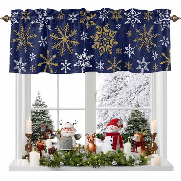 Curtain Valance for Windows,Merry Chrismas Golden Snowflakes Kitchen Valances Rod Pocket Short Curtains,Winter Snow Blue Back Window Treatment Panel for Bedroom Bathroom 54x18in