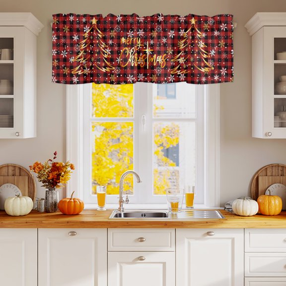 Curtain Valance for Windows, Merry Christmas Tree Winter Snowflakes Kitchen Valances Rod Pocket Short Curtains 42x12in, Red Black Plaid Lattice Window Valance for Bedroom Bathroom Living room