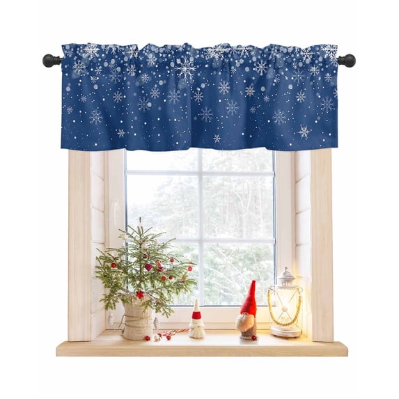 Curtain Valance for Windows Merry Christmas Winter Snowflakes Seamless Kitchen Valances Rod Pocket Short Curtains,White Snowflake Blue Back Window Treatment for Living Room Bathroom Bedroom 54x18in