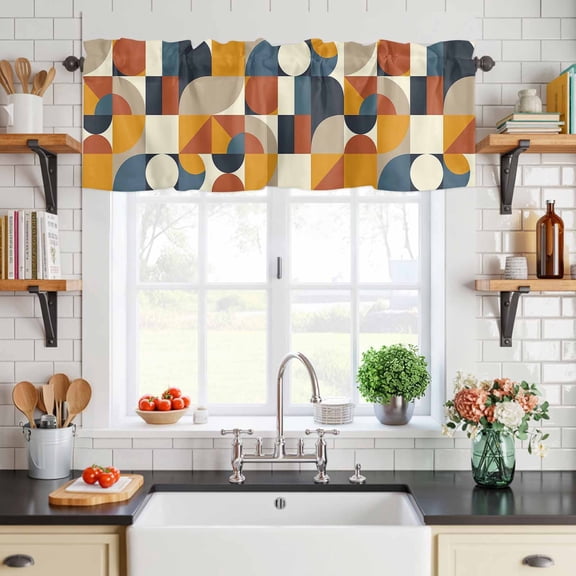 Curtain Valance for Windows Mid Century Abstract Geometric Nordic Style Short Rod Pocket Kitchen Valances Blackout Curtains Retro Color Block Window Treatment for Living Room Bathroom Bedroom,54"x18"