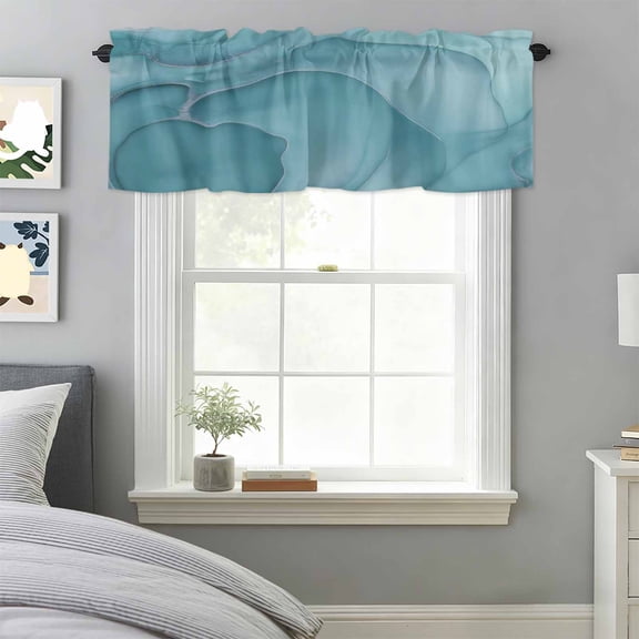 Curtain Valance for Windows, Mint Green Marble Fluid Art Kitchen Valances Rod Pocket Short Curtains, Modern Abstract Turquoise Window Valance for Bedroom Bathroom Living room 42x18in