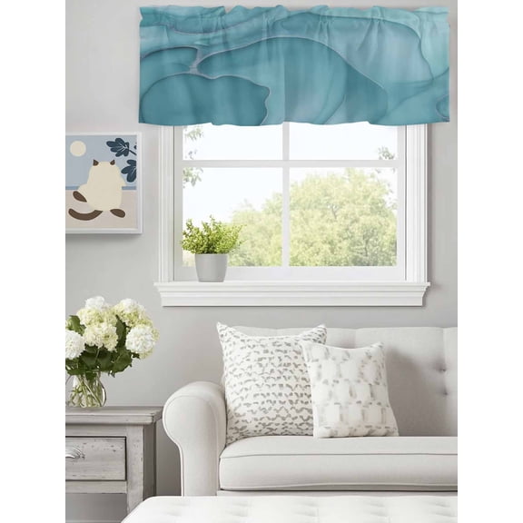 Curtain Valance for Windows, Mint Green Marble Fluid Art Kitchen Valances Rod Pocket Short Curtains, Modern Abstract Turquoise Window Valance for Bedroom Bathroom Living room 60x18in