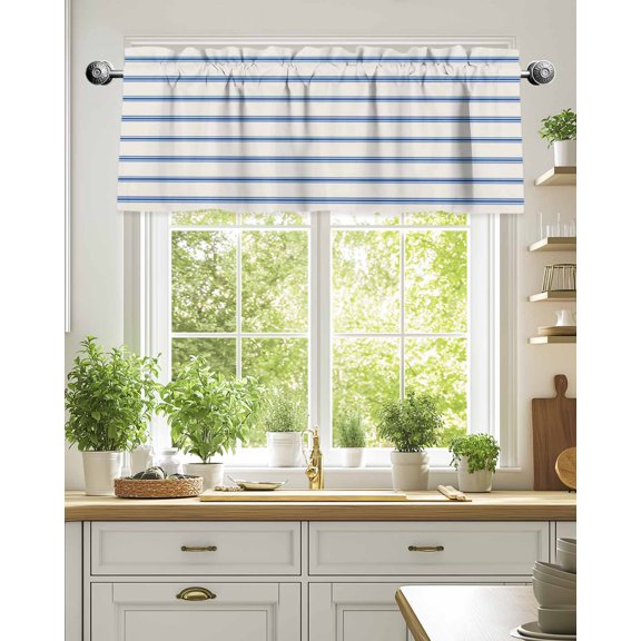 Curtain Valance for Windows,Modern Geometric Blue Stripe Kitchen Valances Rod Pocket Short Curtains,Minimalist Art Line on Beige Window Treatment Panel for Bedroom Bathroom 54x18in