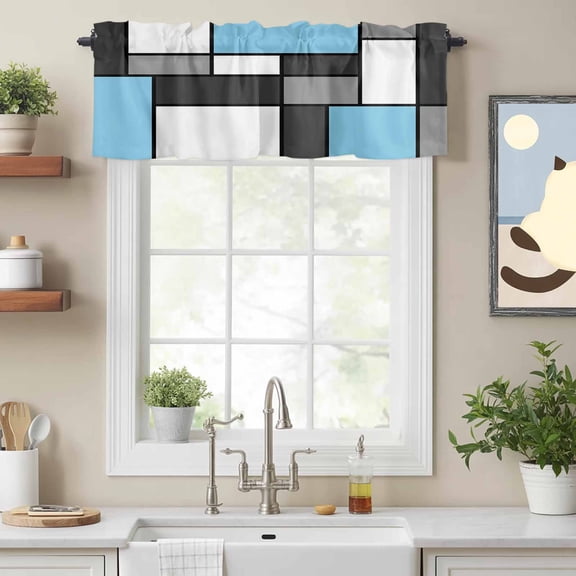 Curtain Valance for Windows, Modern Geometric Color Block Kitchen Valances Rod Pocket Short Curtains, Light Blue Gray White Square Window Valance for Bedroom Bathroom Living room 54x18in