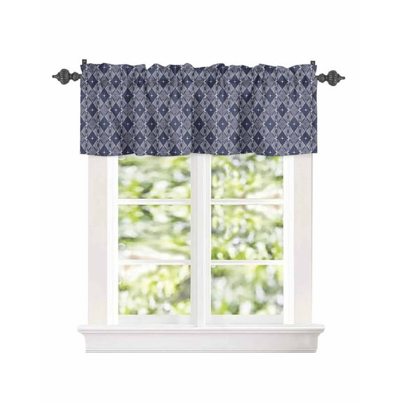 Curtain Valance for Windows Modern Geometric Rhombus Pattern Kitchen Valances Rod Pocket Short Curtains,Abstract Navy Blue Window Treatment Panel for Living Room Bathroom Bedroom 42x18in