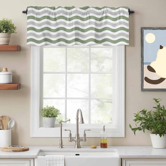 Curtain Valance for Windows, Modern Watercolor Ocean Wave Kitchen Valances Rod Pocket Short Curtains, Sage Green Grey Water Ripple Window Valance for Bedroom Bathroom Living room 54x18in