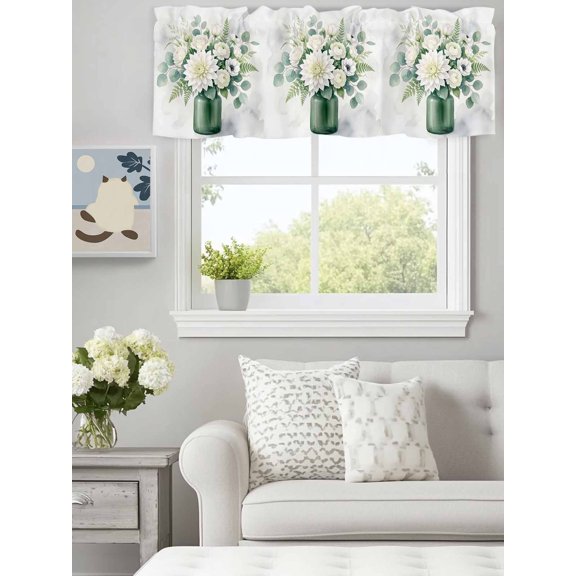 Curtain Valance for Windows, Modern Watercolor Spring Flower Kitchen Valances Rod Pocket Short Curtains, Blossom Floral Leaves Vase Window Valance for Bedroom Bathroom Living room 60x18in