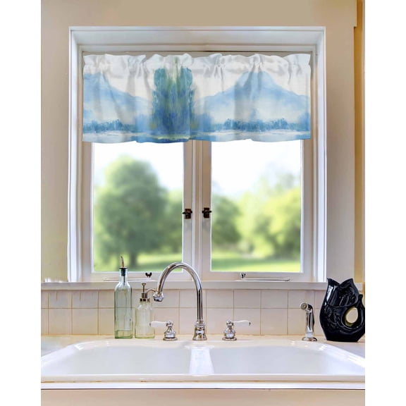 Curtain Valance for Windows Mountain Lake Reflection Blue Gradient Kitchen Valances Rod Pocket Short Curtains,Abstract Art Retro Linen Window Treatment Panel for Living Room Bathroom Bedroom 42x12in