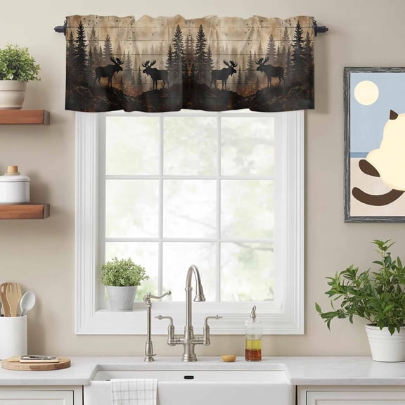 Curtain Valance for Windows, Nature Landscape Moose Forest Kitchen Valances Rod Pocket Short Curtains, Rustic Pine Silhouette Wildlife Window Valance for Bedroom Bathroom Living room 54x18in