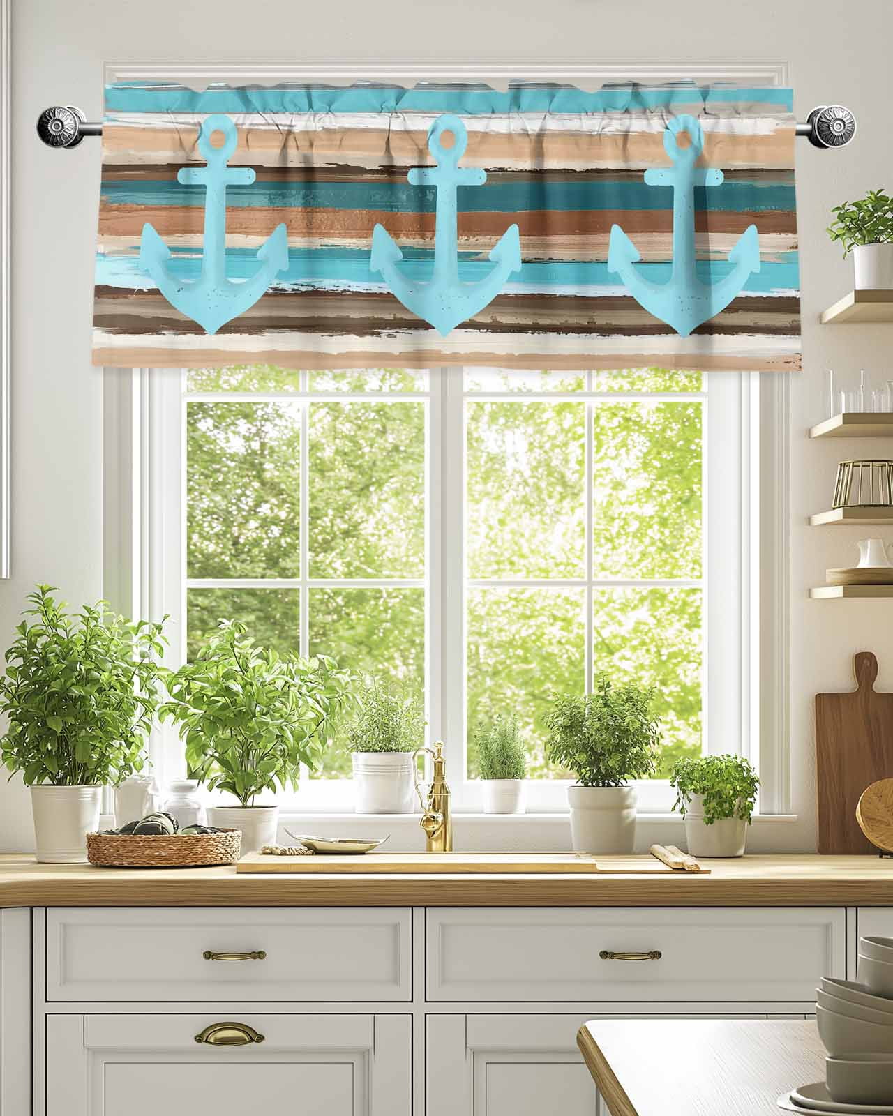 Curtain Valance for Windows,Nautical Anchor Blue Ocean Style Kitchen ...