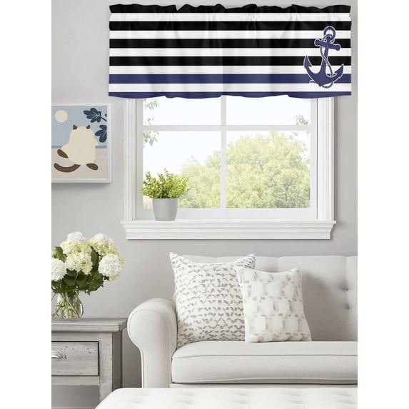 Curtain Valance for Windows,Nautical Anchor Navy Blue Kitchen Valances Rod Pocket Short Curtains,Black and White Stripe Window Treatment Panel for Bedroom Bathroom 60"x18"