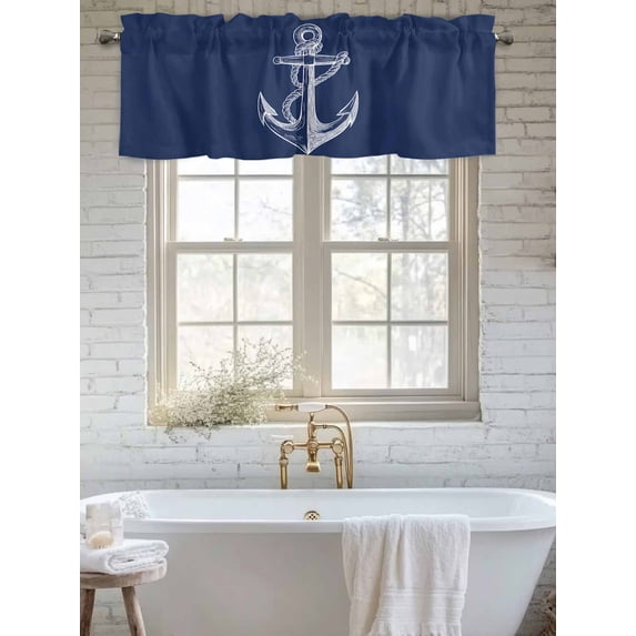 Curtain Valance for Windows, Nautical Anchor Navy Blue Kitchen Valances Rod Pocket Short Curtains, Summer Coastal Ocean Style Window Valance for Bedroom Bathroom Living room 56x16in