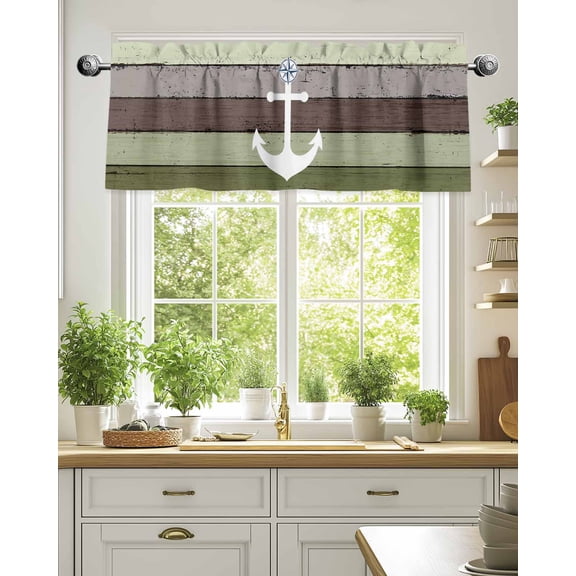Curtain Valance for Windows,Nautical Anchor Sage Green Wood Board Kitchen Valances Rod Pocket Short Curtains,Farm Wooden Window Treatment Panel for Bedroom Bathroom 42"x18"