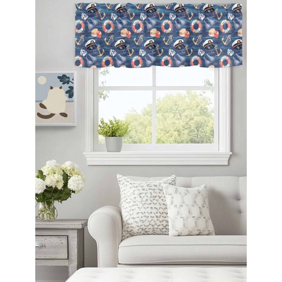 Curtain Valance for Windows,Nautical Anchor Swimsuit Navy Cap Seamless Kitchen Valances Rod Pocket Short Curtains,Navy Blue Ocean Window Treatment Panel for Bedroom Bathroom 60"x18"