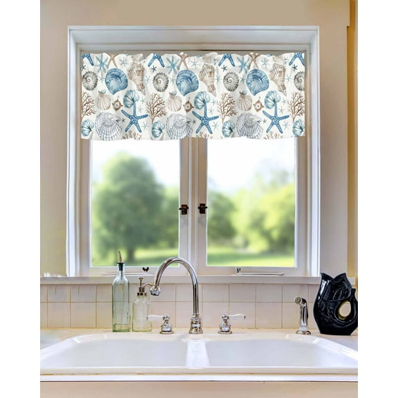 Curtain Valance for Windows Nautical Beach Shells Starfish Seamless Kitchen Valances Rod Pocket Short Curtains,Summer Coastal Window Treatment Panel for Living Room Bathroom Bedroom 54x18in