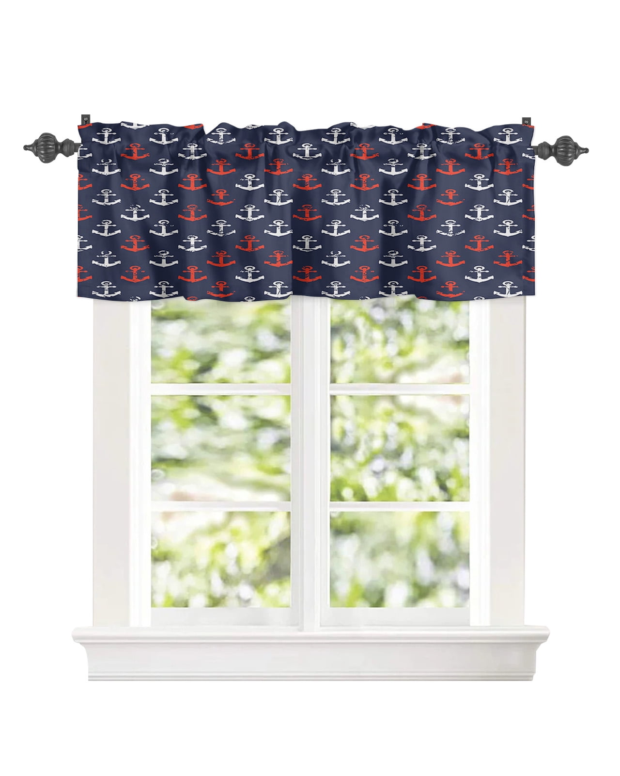 Curtain Valance for Windows Nautical Red Anchor on Navy Blue Kitchen