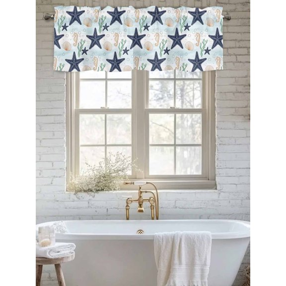 Curtain Valance for Windows, Nautical Starfish Seahorse Seashell Kitchen Valances Rod Pocket Short Curtains, Marine Life Pattern Window Valance for Bedroom Bathroom Living room 56x16in