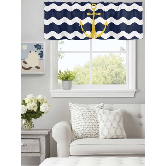 Curtain Valance for Windows,Nautical Yellow Anchor Navy Blue Ripple Kitchen Valances Rod Pocket Short Curtains,Waves Chevron Geometric Art Window Treatment Panel for Bedroom Bathroom 60"x18"