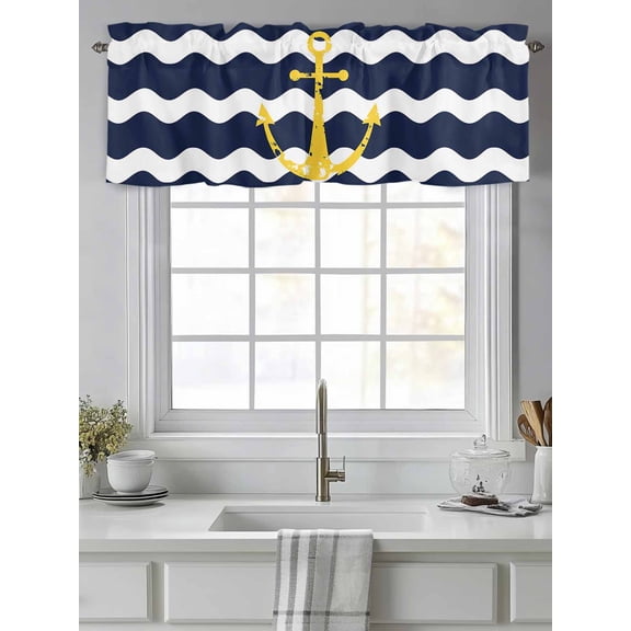 Curtain Valance for Windows,Nautical Yellow Anchor Navy Blue Ripple Kitchen Valances Rod Pocket Short Curtains,Waves Chevron Geometric Art Window Treatment Panel for Bedroom Bathroom 42"x12"