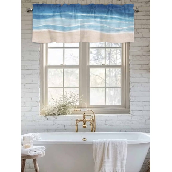 Curtain Valance for Windows, Navy Blue Gradient Ocean Wave Kitchen Valances Rod Pocket Short Curtains, Seaside Water Stripe Window Valance for Bedroom Bathroom Living room 56x16in