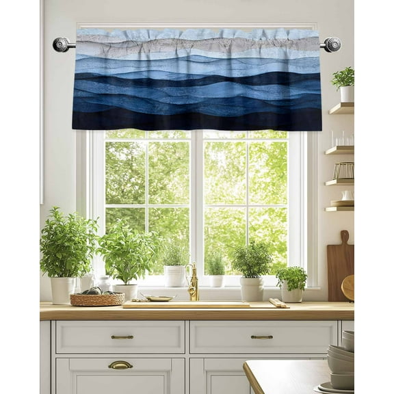 Curtain Valance for Windows,Navy Blue Gradient Water Ripple Kitchen Valances Rod Pocket Short Curtains,Ocean Nautical Abstract Geometric Window Treatment Panel for Bedroom Bathroom 42"x18"